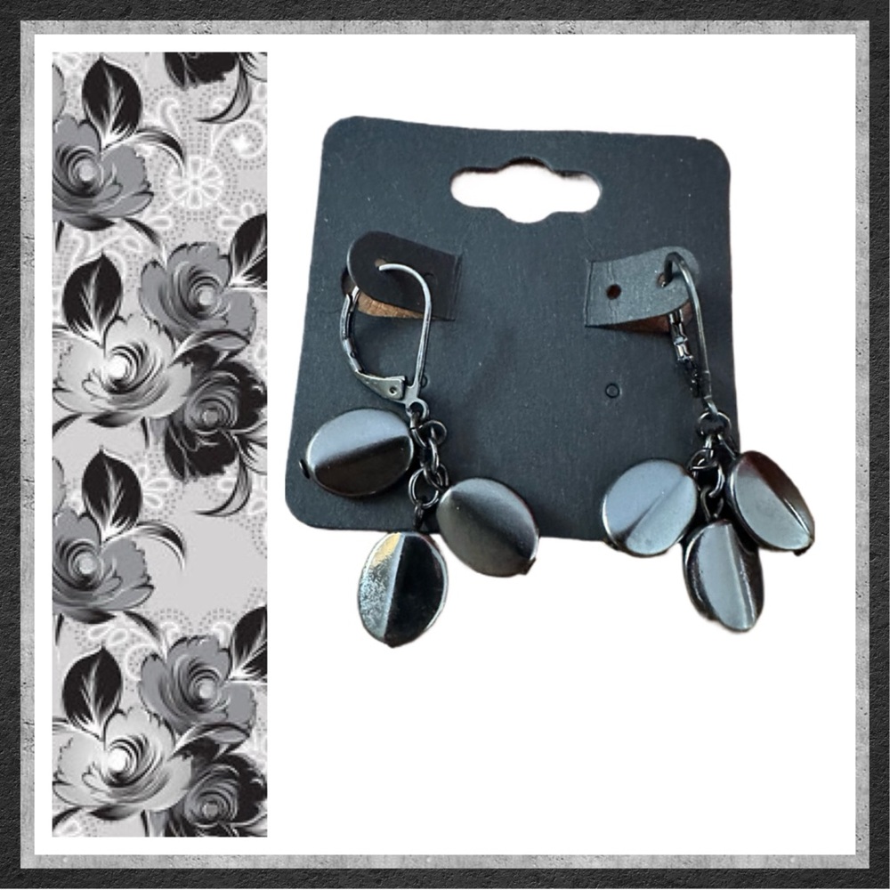 Lever Back Earrings w/ Three Oval Disk Dangles.  Gunmetal Tone.